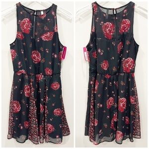 Xhilaration Black Sleeveless Sheer Yoke Dress Rose Floral Fit & Flare Small